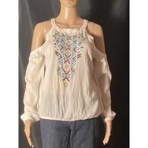 Hollister Blouse Women Size Medium White Boho Cold Shoulder Sleeve Embroidered